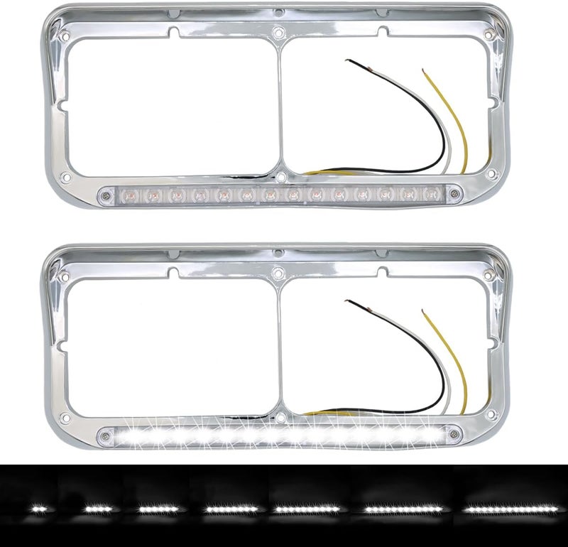 LEAVAN Dual Rectangular 2X for 4x6 Light Headlight Bezel with 12" Amber LED Light Strip for Kenworth T400 T600 T800 W900B W900L Peterbilt 378 379 Western Star 4900 Trucks (Clear Lens/White LED) - Image 1
